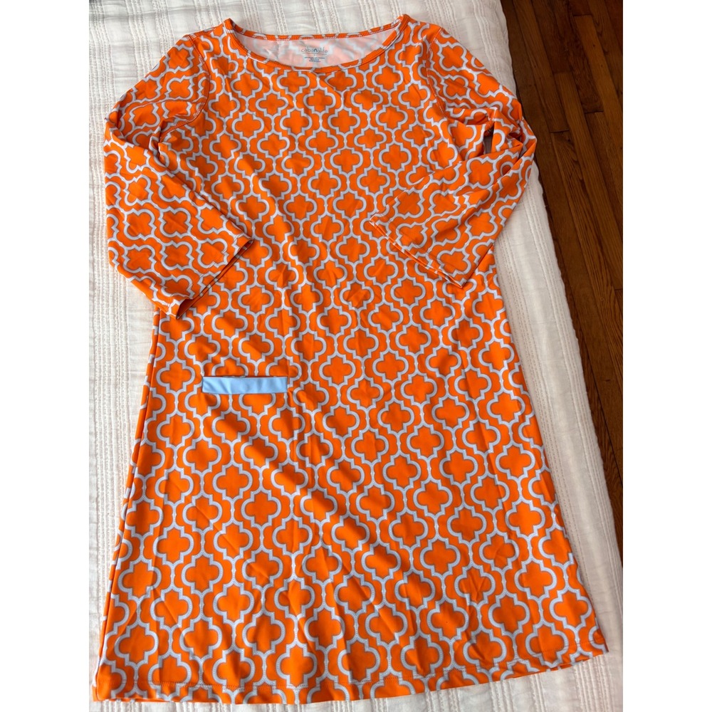 Cabana Life Womens Orange Trellis Print UPF 50+ 3/4 Sleeve Shift Dress Large